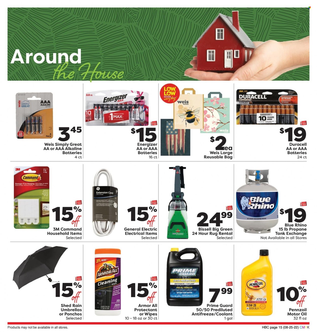 thumbnail - Weis Flyer - 08/25/2022 - 10/05/2022 - Sales products - strips, oil, wipes, battery, Duracell, Energizer, AAA batteries, alkaline batteries, tank, Armor All, motor oil, Pennzoil. Page 15.