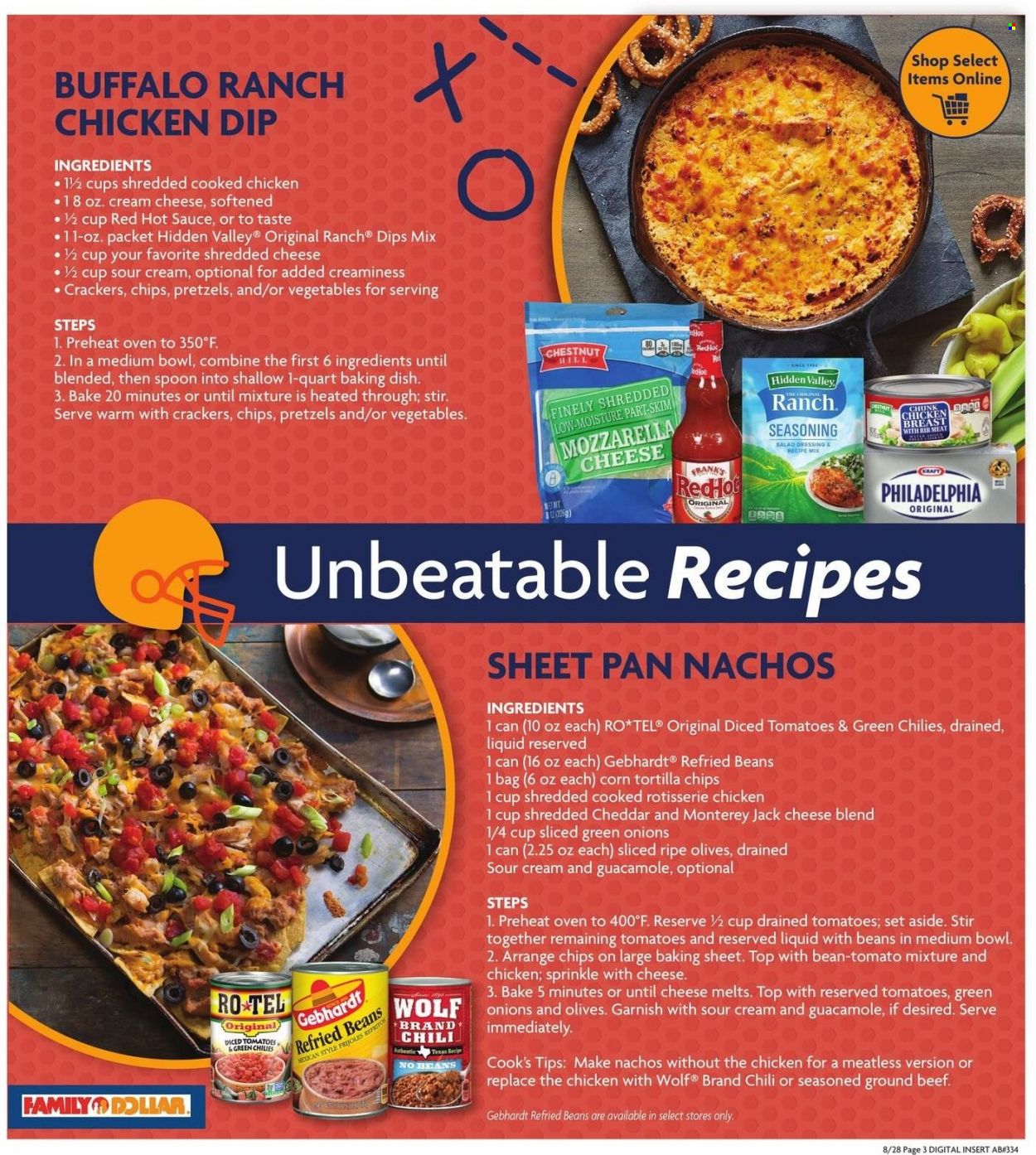 thumbnail - Family Dollar Flyer - 08/28/2022 - 10/22/2022 - Sales products - pretzels, chicken roast, Kraft®, Cook's, guacamole, cream cheese, Monterey Jack cheese, mozzarella, shredded cheese, Philadelphia, sour cream, crackers, tortilla chips, chips, refried beans, olives, tomatoes & green chilies, diced tomatoes, spice, salad dressing, hot sauce, dressing, beef meat, ground beef, bag, spoon, pan, bowl, sheet pan. Page 3.