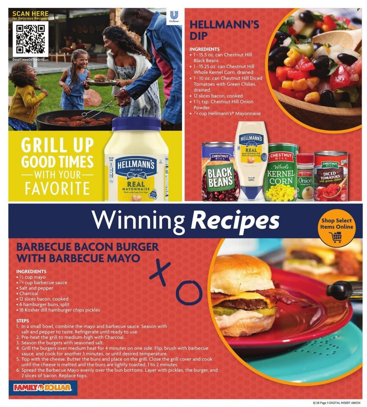 thumbnail - Family Dollar Flyer - 08/28/2022 - 10/22/2022 - Sales products - buns, burger buns, corn, bacon, cheese, eggs, cage free eggs, butter, mayonnaise, Hellmann’s, chips, black beans, diced tomatoes, dill, onion powder, BBQ sauce, grill. Page 5.