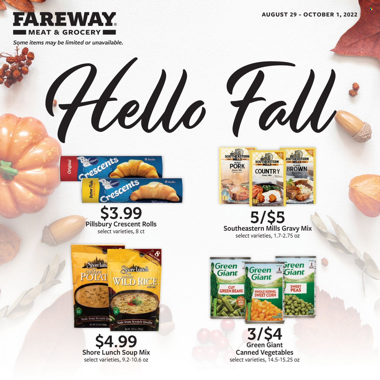 thumbnail - Fareway Flyer - 08/29/2022 - 10/01/2022 - Sales products - crescent rolls, beans, corn, green beans, peas, sweet corn, soup mix, soup, Pillsbury, cheddar, cheese, butter, canned vegetables, rice, gravy mix, pork gravy. Page 1.