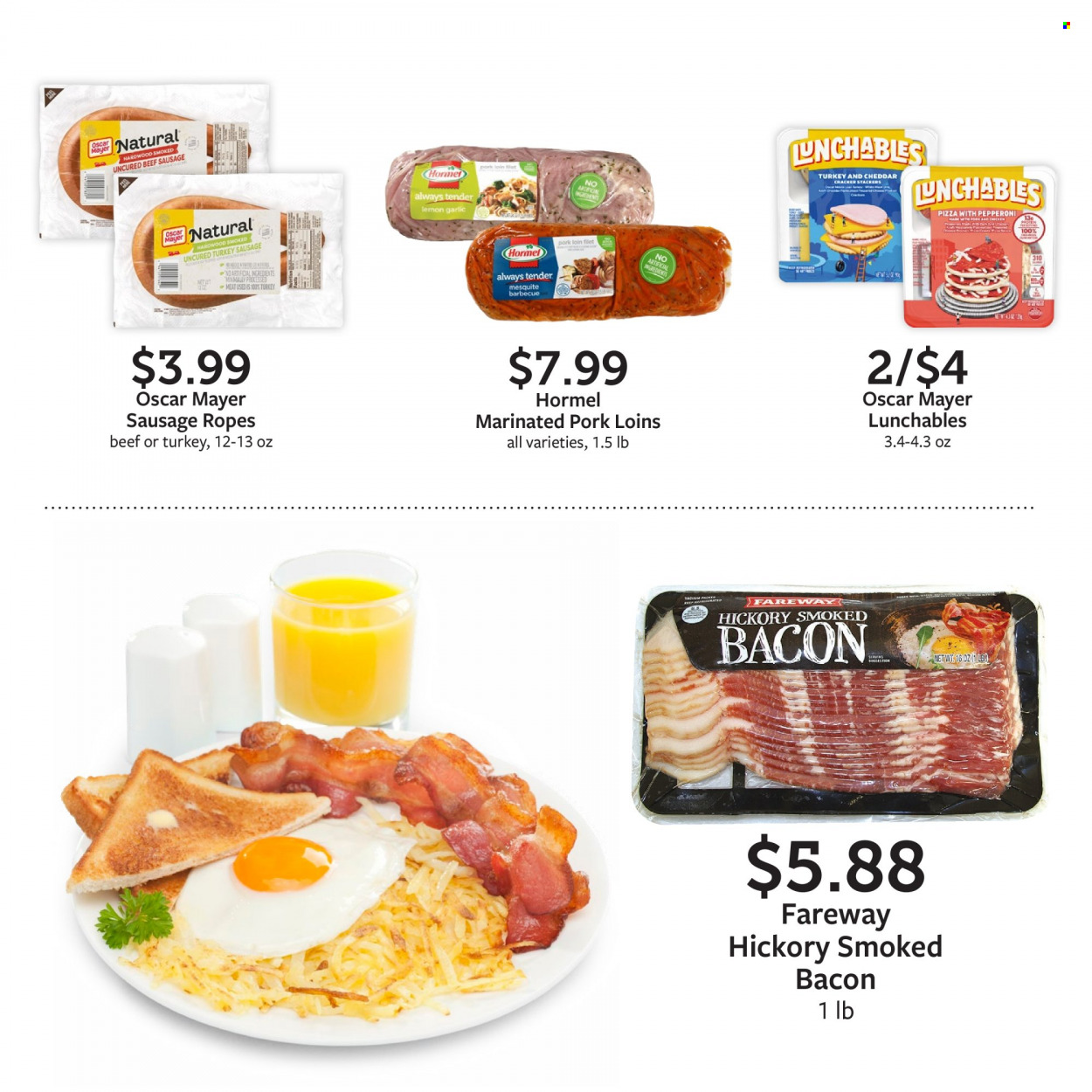 thumbnail - Fareway Flyer - 08/29/2022 - 10/01/2022 - Sales products - garlic, pizza, Lunchables, Hormel, bacon, Oscar Mayer, sausage, pepperoni, cheddar, crackers, pork loin, pork meat, marinated pork. Page 5.