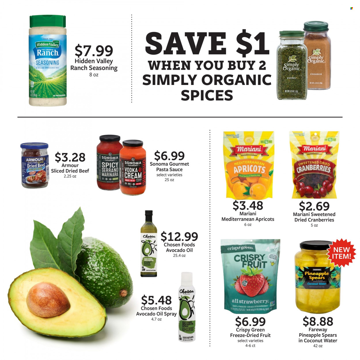 thumbnail - Fareway Flyer - 08/29/2022 - 10/01/2022 - Sales products - parsley, pineapple, apricots, pasta sauce, sauce, cranberries, spice, cinnamon, salad dressing, dressing, avocado oil, oil, dried fruit, coconut water, vodka. Page 6.