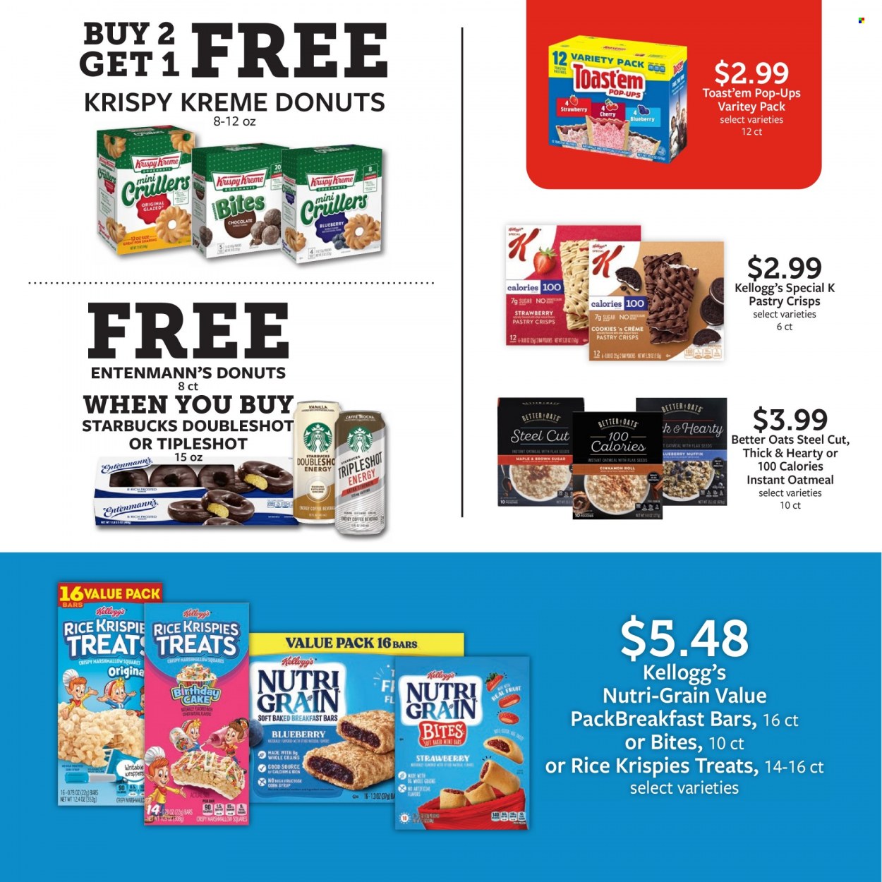 thumbnail - Fareway Flyer - 08/29/2022 - 10/01/2022 - Sales products - cinnamon roll, donut, muffin, Entenmann's, corn, cherries, eggs, cookies, marshmallows, chocolate, Kellogg's, oatmeal, oats, Rice Krispies, Nutri-Grain, corn syrup, syrup, coffee, Starbucks, Hill's. Page 9.