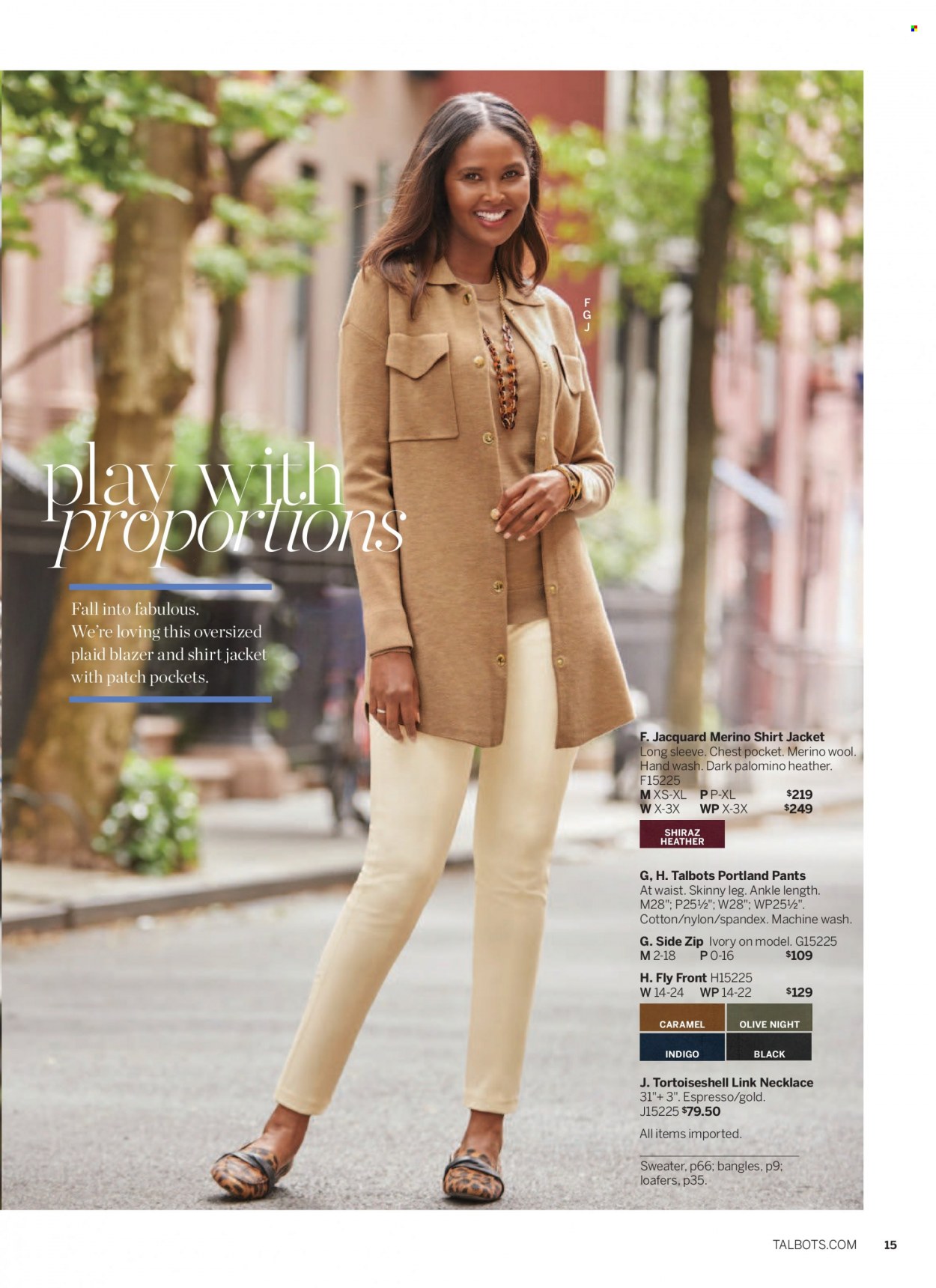 thumbnail - Talbots Flyer - 09/01/2022 - 09/30/2022 - Sales products - jacket, pants, shirt, blazer, sweater, jeggings, earrings, necklace. Page 15.