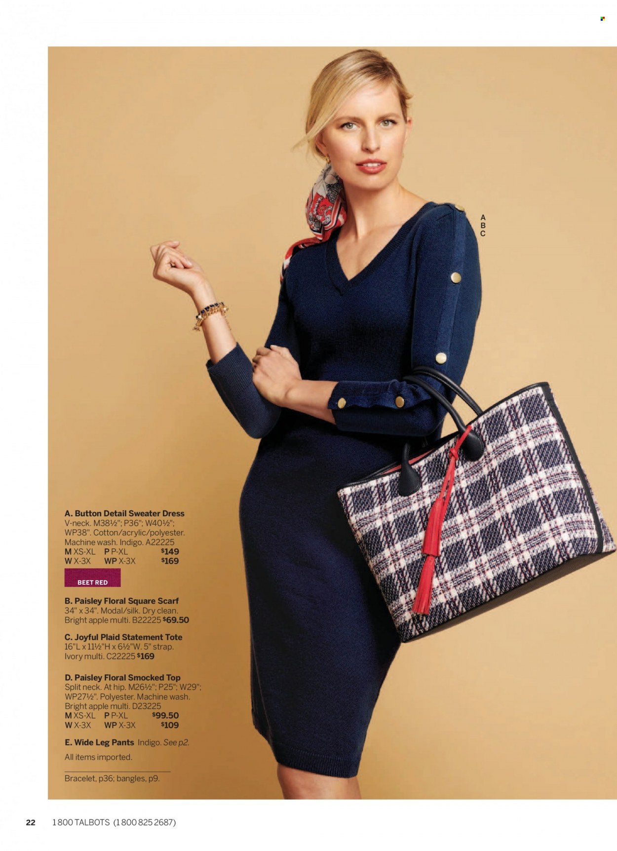 thumbnail - Talbots Flyer - 09/01/2022 - 09/30/2022 - Sales products - pants, dress, sweater, scarf, tote, bracelet. Page 22.