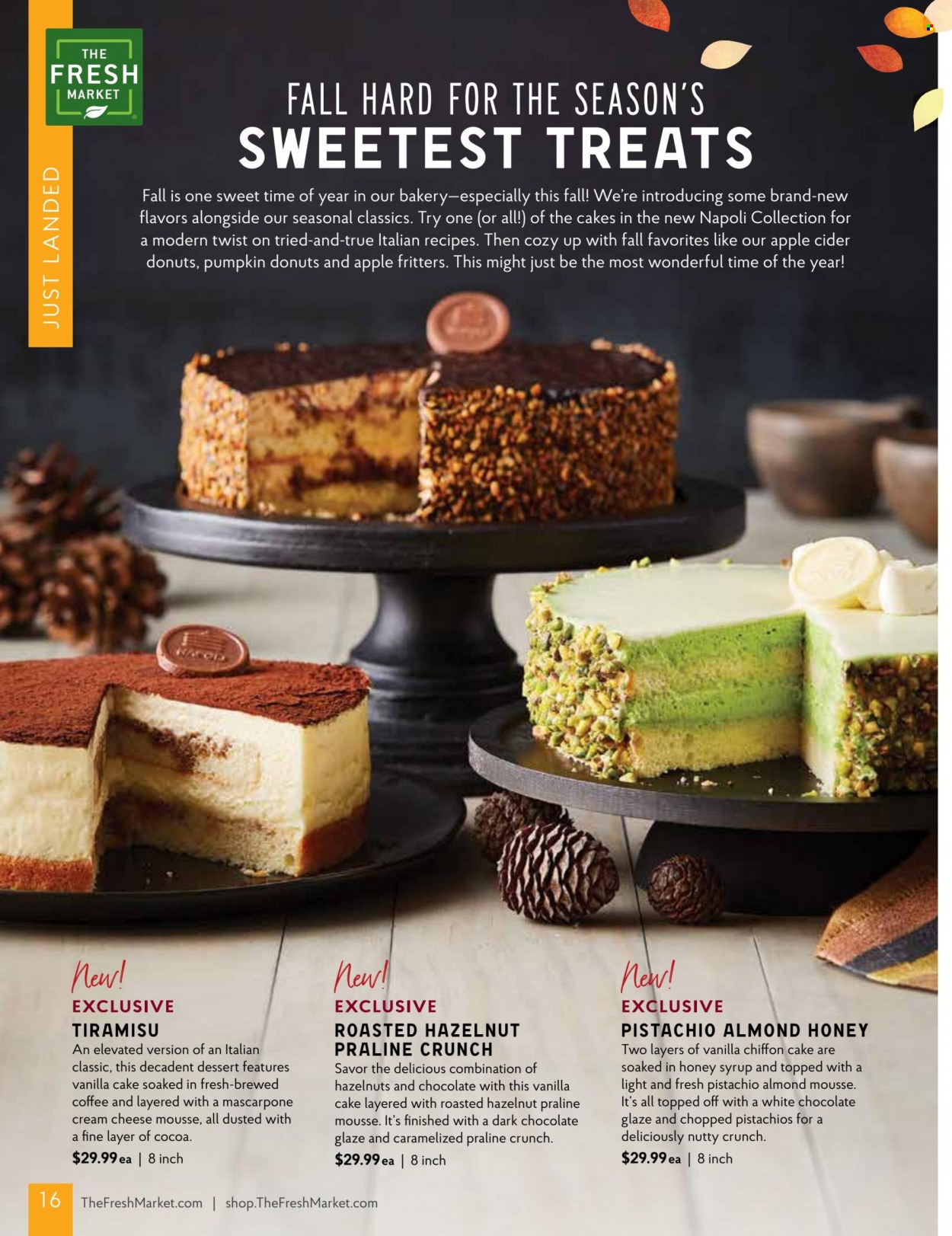 thumbnail - The Fresh Market Flyer - 08/31/2022 - 10/04/2022 - Sales products - cake, donut, tiramisu, pumpkin, cream cheese, mascarpone, cheese, dark chocolate, honey, pistachios, coffee, apple cider, cider. Page 16.