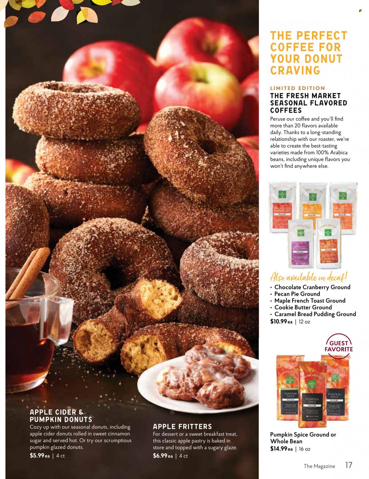thumbnail - The Fresh Market Flyer - 08/31/2022 - 10/04/2022 - Sales products - bread, pie, donut, pudding, butter, chocolate, spice, cinnamon, caramel, coffee, arabica beans, apple cider, cider. Page 17.
