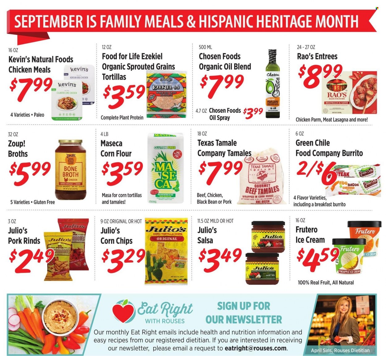 thumbnail - Rouses Markets Flyer - 09/01/2022 - 09/30/2022 - Sales products - corn tortillas, pineapple, meatballs, burrito, lasagna meal, bacon, cheese, eggs, lard, tortilla chips, chips, corn chips, corn flour, plant protein, broth, cilantro, salsa, oil, steak. Page 2.