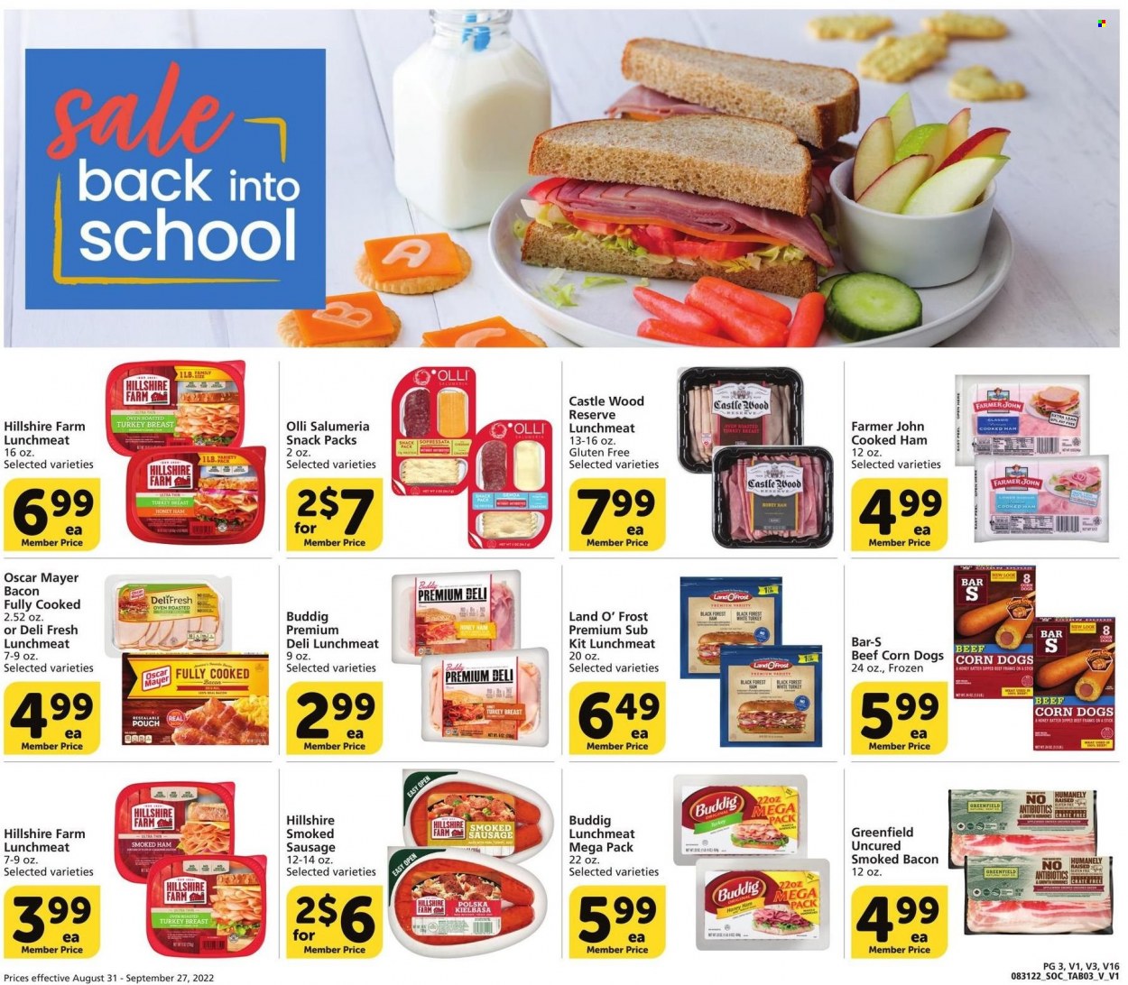 thumbnail - Vons Flyer - 08/31/2022 - 10/27/2022 - Sales products - bacon, cooked ham, ham, Hillshire Farm, smoked ham, Oscar Mayer, sausage, smoked sausage, kielbasa, lunch meat, snack, Castle, crate. Page 3.