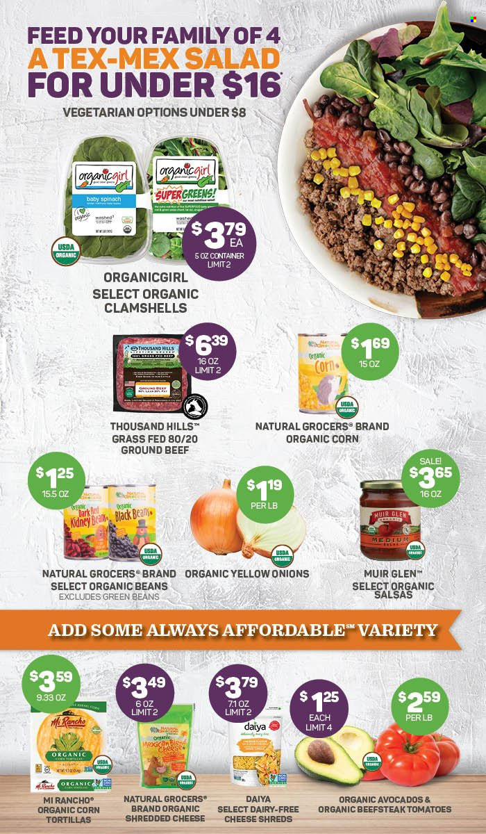 thumbnail - Natural Grocers Flyer - 09/01/2022 - 09/30/2022 - Sales products - corn tortillas, tortillas, beans, green beans, spinach, tomatoes, onion, salad, avocado, shredded cheese, black beans, beef meat, ground beef. Page 3.