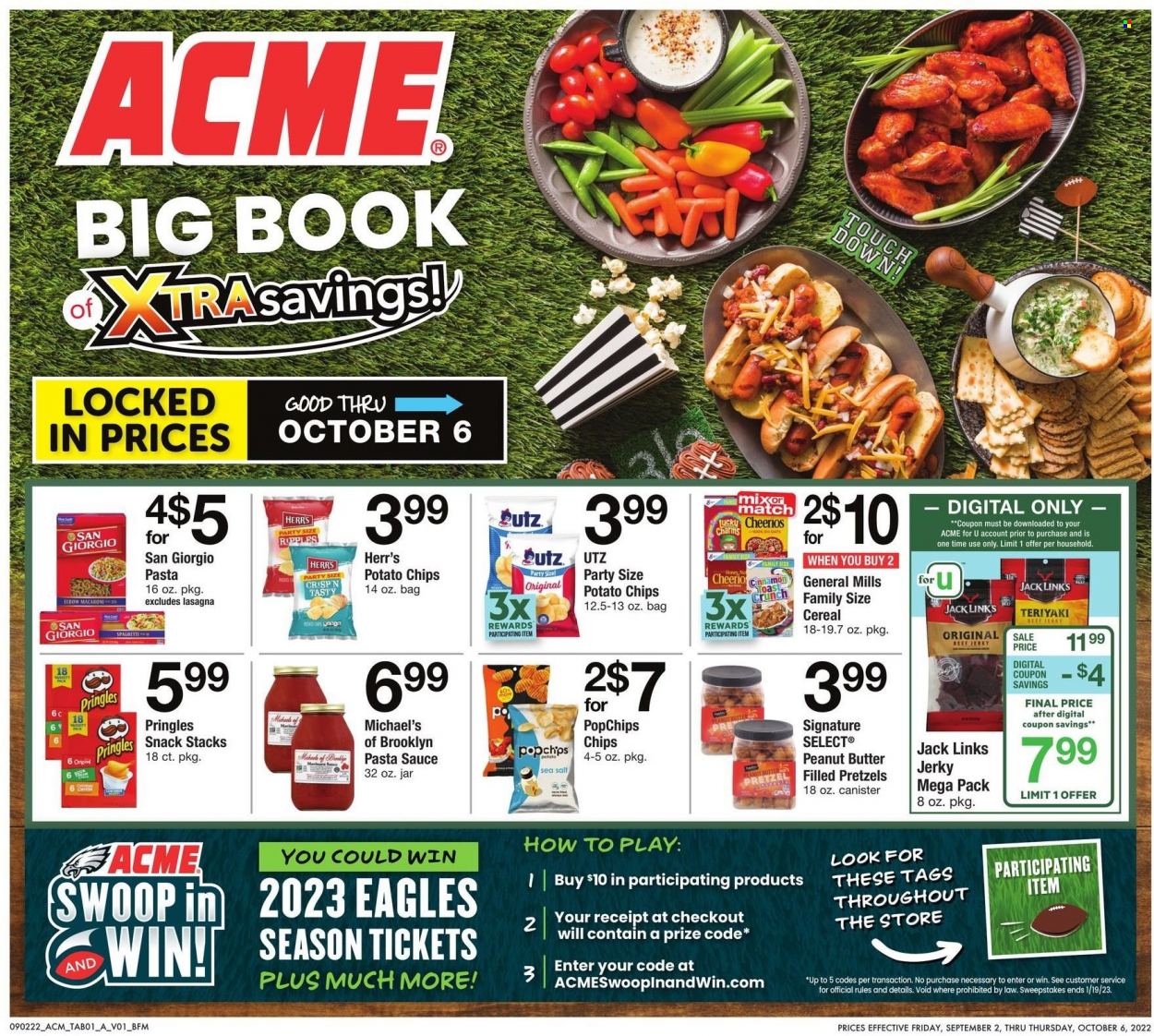 thumbnail - ACME Flyer - 09/02/2022 - 10/06/2022 - Sales products - pretzels, spaghetti, pasta sauce, sauce, beef jerky, jerky, snack, potato chips, Pringles, chips, cereals, Cheerios, cinnamon, peanut butter, beer, cap. Page 1.