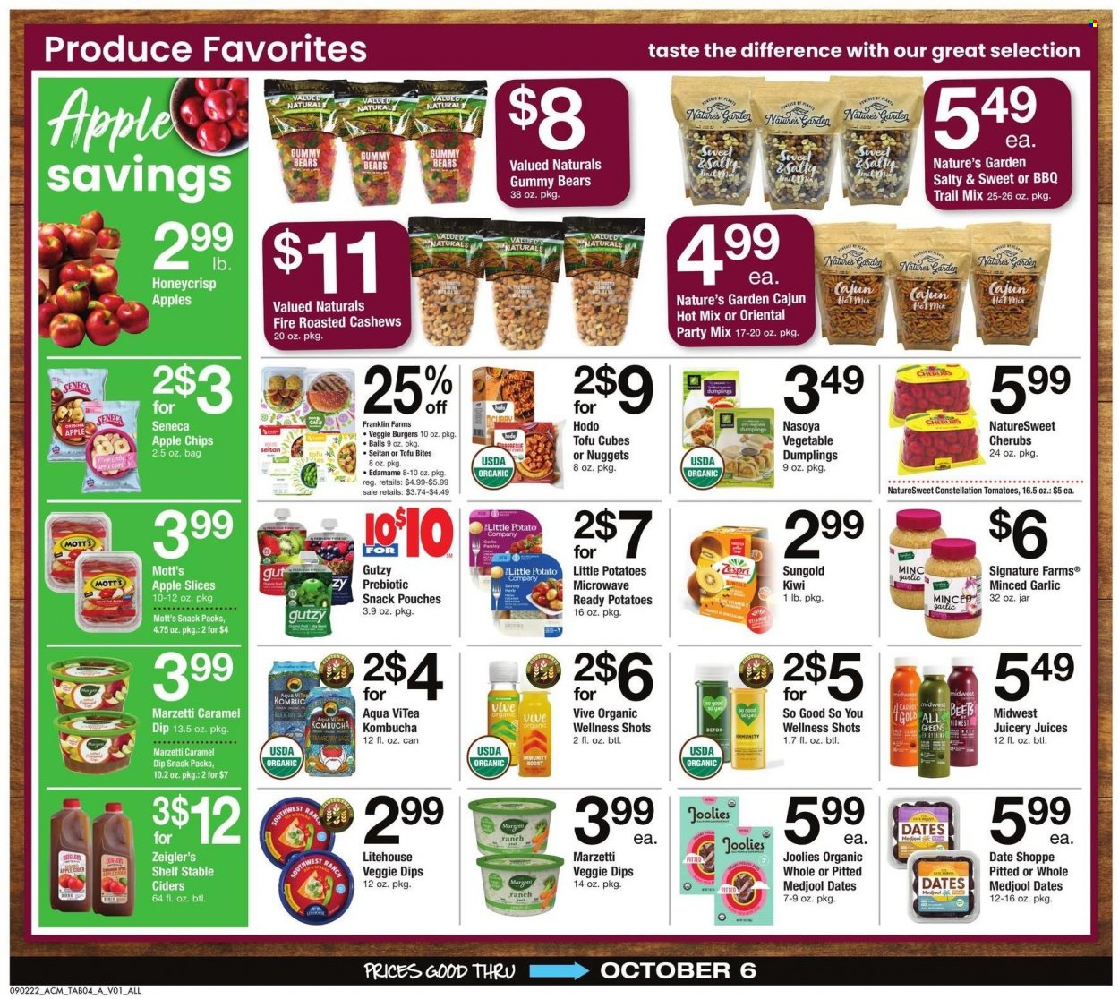 thumbnail - ACME Flyer - 09/02/2022 - 10/06/2022 - Sales products - Edamame, potatoes, parsley, kiwi, Pink Lady, Mott's, nuggets, dumplings, veggie burger, tofu, Natures Garden, snack, chips, spice, caramel, cashews, dried dates, Valued Naturals, trail mix, juice, So Good So You, kombucha, Boost, apple cider, cider, vitamin c. Page 4.