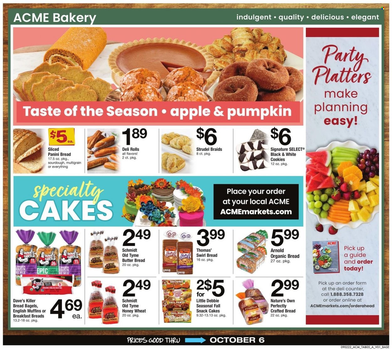 thumbnail - ACME Flyer - 09/02/2022 - 10/06/2022 - Sales products - bagels, bread, english muffins, cake, panini, strudel, brownies, cookies, snack, Nature's Own. Page 5.