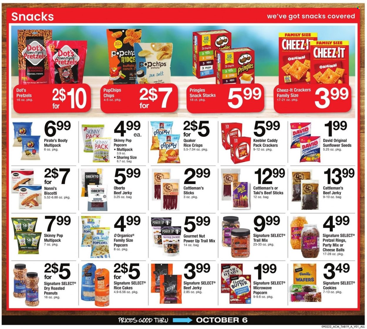 thumbnail - ACME Flyer - 09/02/2022 - 10/06/2022 - Sales products - pretzels, pizza, Quaker, beef jerky, jerky, beef sticks, biscotti, cookies, wafers, crackers, Keebler, Pringles, chips, popcorn, Cheez-It, rice crisps, Skinny Pop, rice, roasted peanuts, peanuts, sunflower seeds, trail mix, Signal. Page 19.
