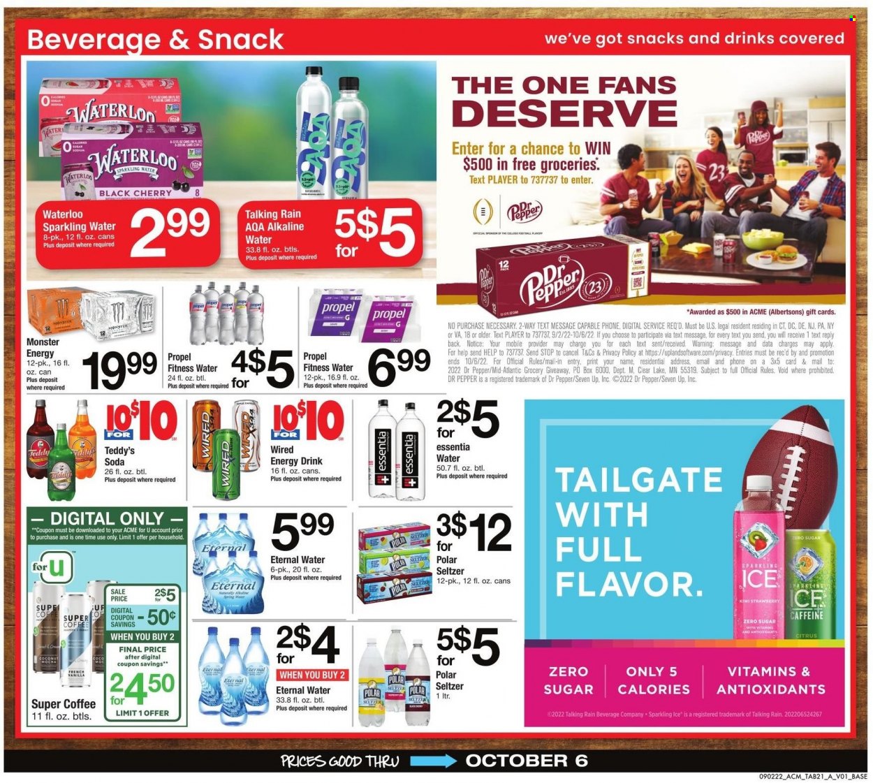thumbnail - ACME Flyer - 09/02/2022 - 10/06/2022 - Sales products - kiwi, cherries, coconut, snack, energy drink, Monster, Dr. Pepper, 7UP, Monster Energy, seltzer water, spring water, soda, sparkling water, alkaline water, coffee. Page 21.