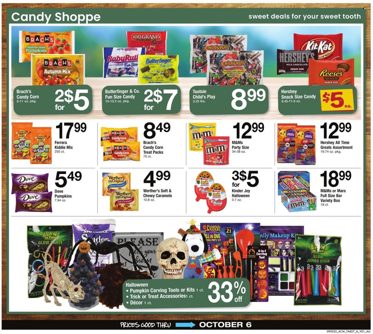 thumbnail - ACME Flyer - 09/02/2022 - 10/06/2022 - Sales products - corn, pumpkin, Reese's, Hershey's, Dove, milk chocolate, wafers, chocolate, snack, Kinder Joy, Mars, KitKat, M&M's, peanut butter cups, caramel, honey, makeup, pencil, Halloween. Page 27.