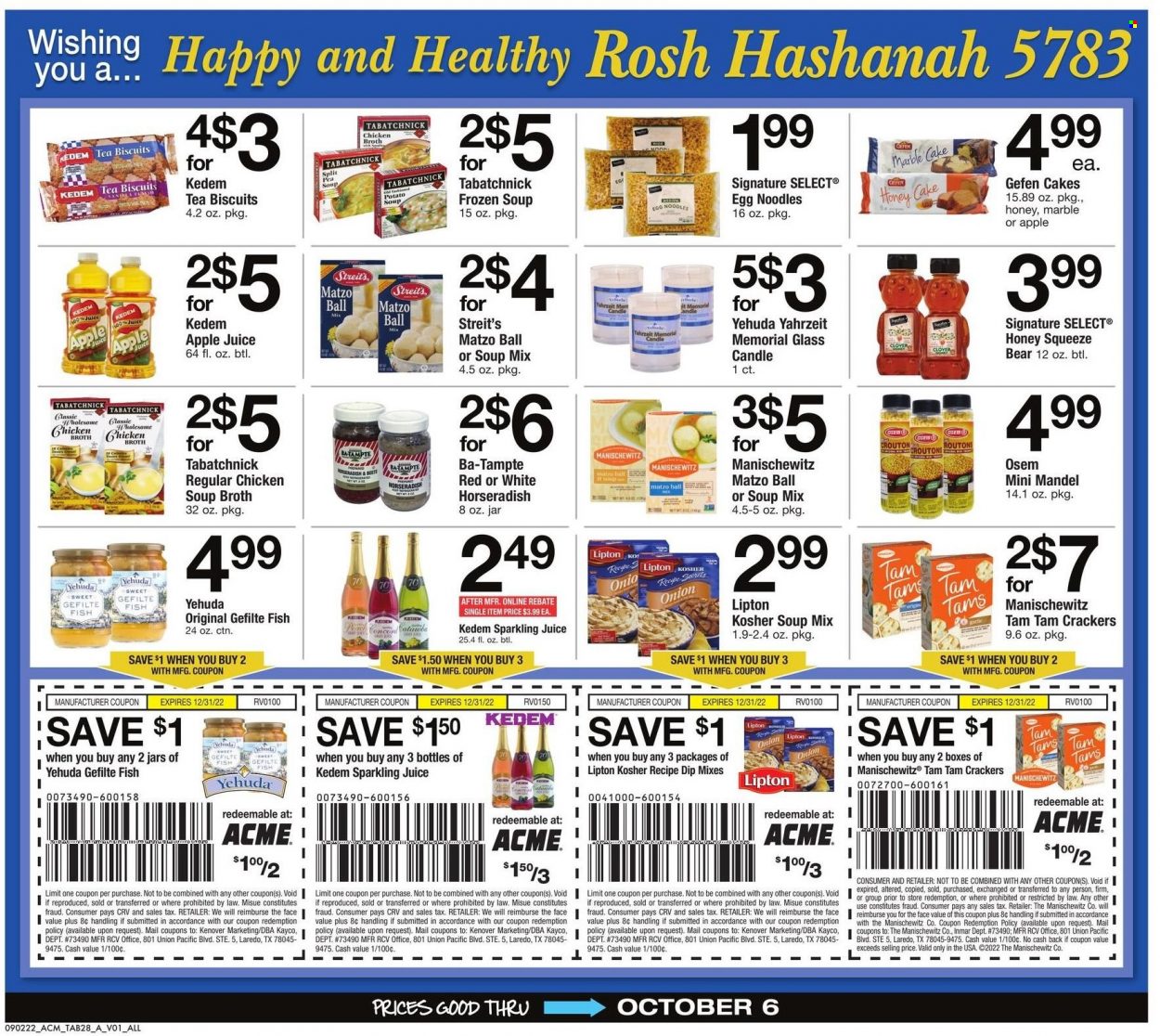 thumbnail - ACME Flyer - 09/02/2022 - 10/06/2022 - Sales products - garlic, horseradish, fish, chicken soup, soup mix, soup, noodles, Clover, crackers, biscuit, croutons, chicken broth, broth, egg noodles, honey, apple juice, juice, Lipton, sparkling juice, Kedem, candle, glass candle. Page 28.