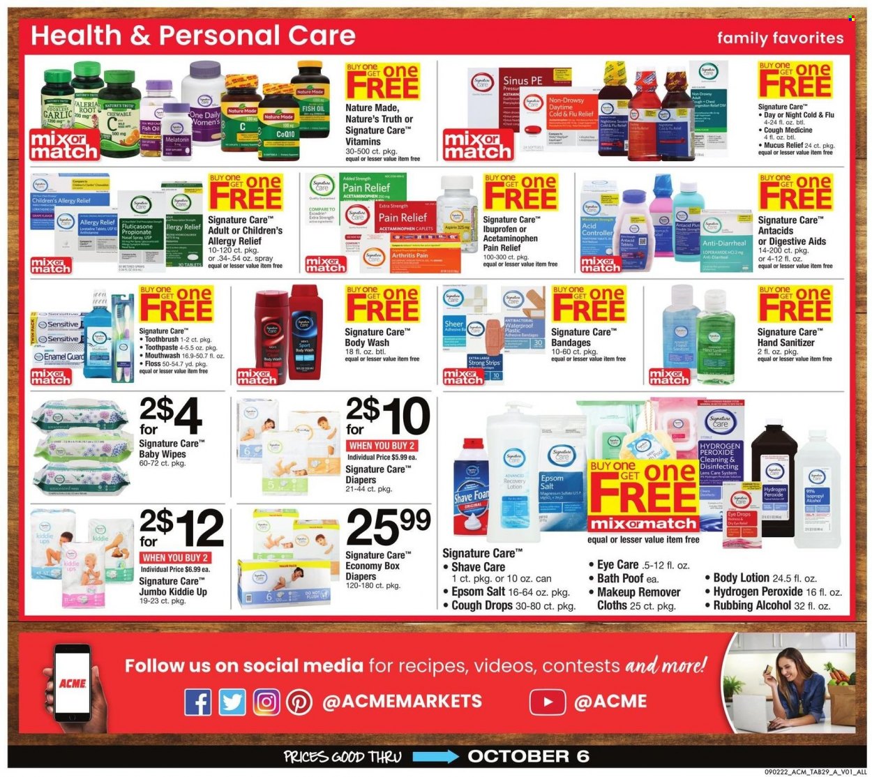 thumbnail - ACME Flyer - 09/02/2022 - 10/06/2022 - Sales products - garlic, oil, wipes, baby wipes, nappies, body wash, toothbrush, toothpaste, mouthwash, body lotion, hand sanitizer, makeup remover, pain relief, Cold & Flu, Excedrin, fish oil, magnesium, Melatonin, Nature Made, Nature's Truth, Ibuprofen, eye drops, Antacid, cough drops, one daily, aspirin, nasal spray, allergy relief. Page 29.