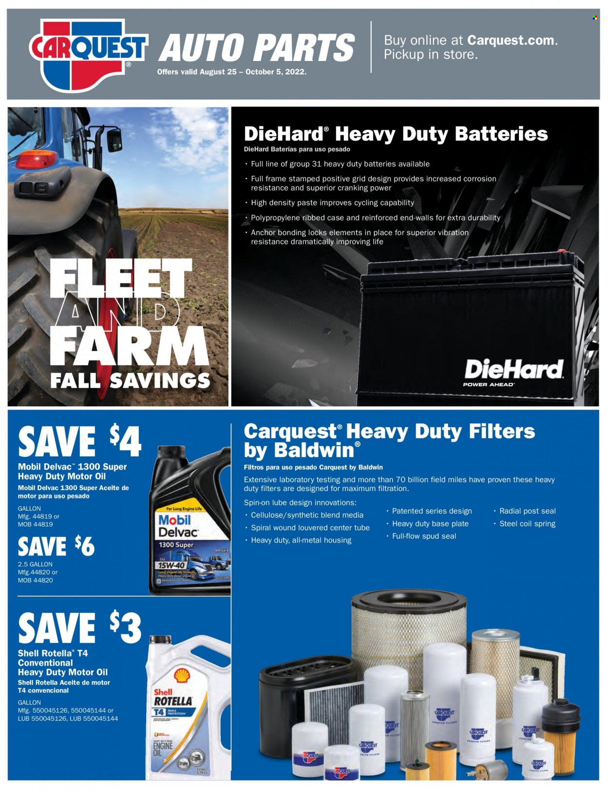 thumbnail - Carquest Flyer - 08/25/2022 - 10/05/2022 - Sales products - battery, Mobil, motor oil, Rotella, Shell. Page 1.