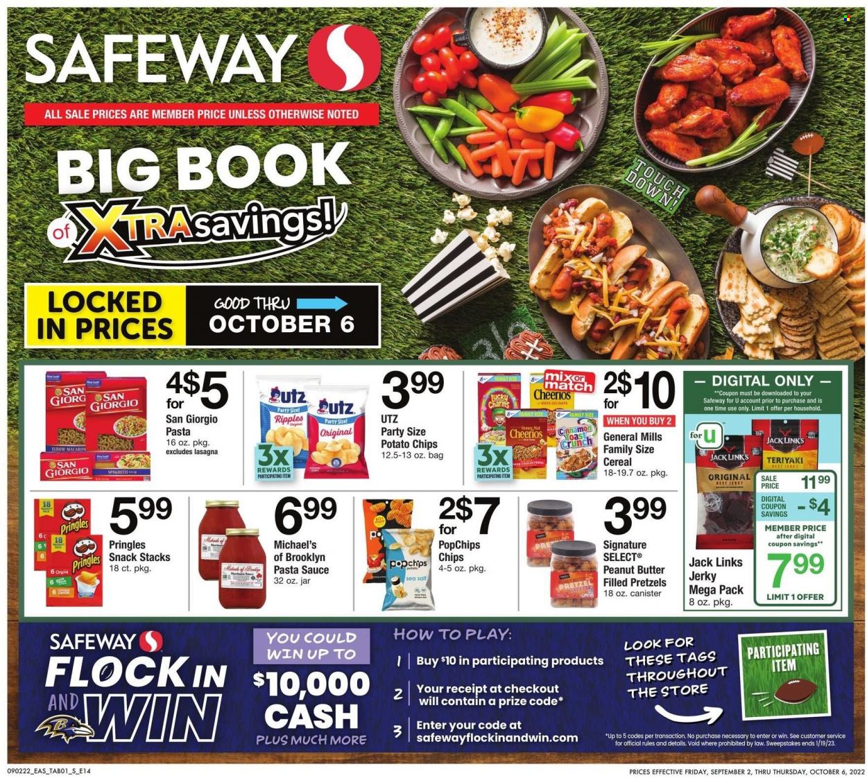 thumbnail - Safeway Flyer - 09/02/2022 - 10/06/2022 - Sales products - pretzels, spaghetti, pasta sauce, sauce, beef jerky, jerky, snack, potato chips, Pringles, chips, oats, cereals, Cheerios, cinnamon, peanut butter, beer, vanity. Page 1.