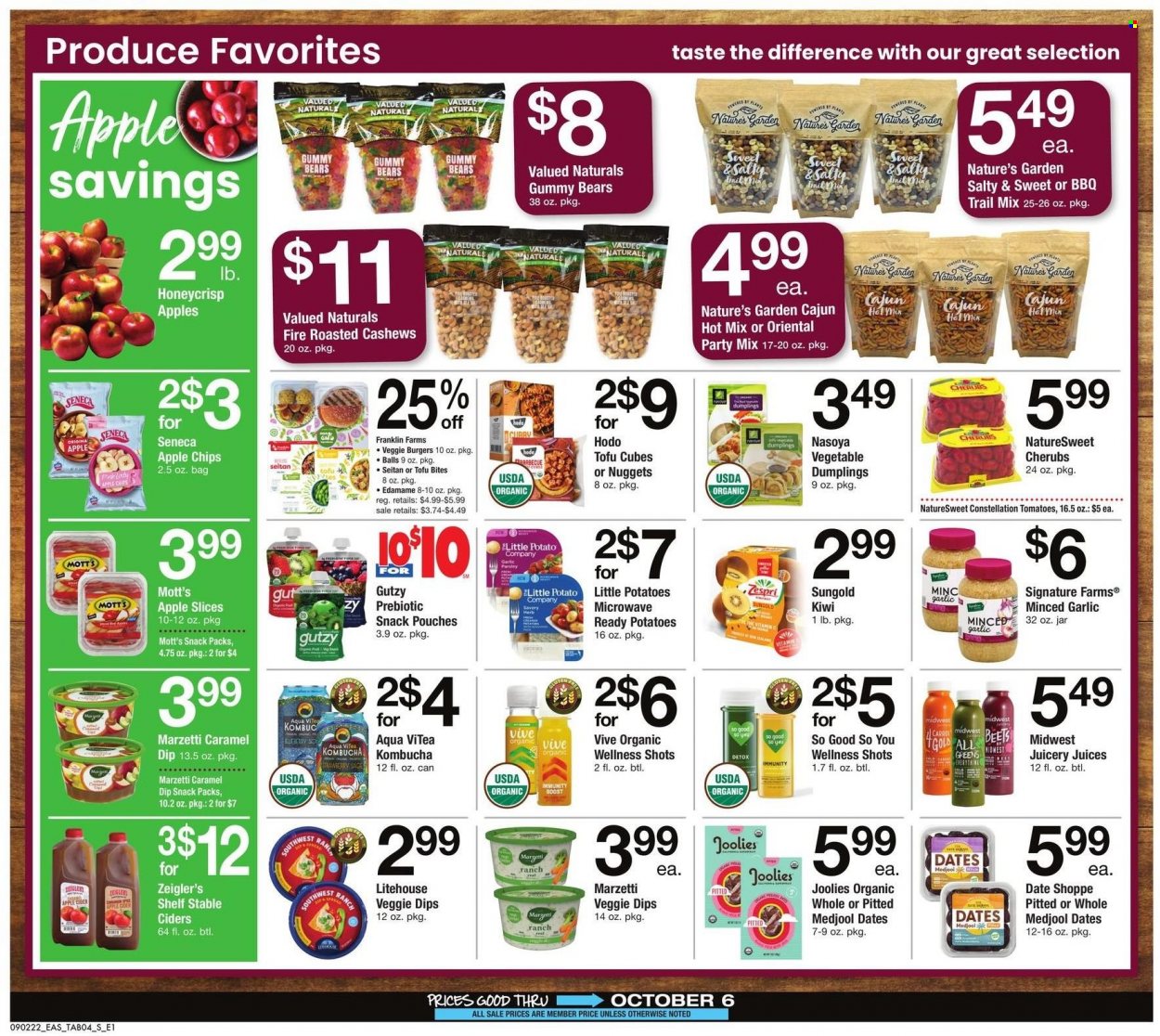 thumbnail - Safeway Flyer - 09/02/2022 - 10/06/2022 - Sales products - Edamame, potatoes, parsley, kiwi, Pink Lady, Mott's, nuggets, dumplings, veggie burger, tofu, Natures Garden, snack, chips, spice, caramel, cashews, dried dates, Valued Naturals, trail mix, juice, So Good So You, kombucha, Boost, apple cider, cider, vitamin c. Page 4.