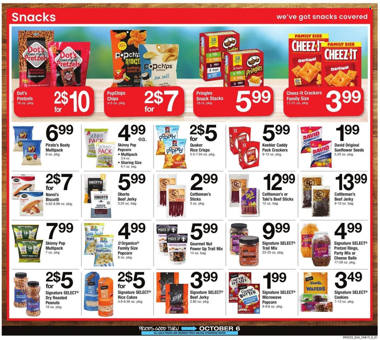 thumbnail - Safeway Flyer - 09/02/2022 - 10/06/2022 - Sales products - pretzels, pizza, Quaker, beef jerky, jerky, beef sticks, biscotti, cookies, wafers, crackers, Keebler, Pringles, chips, popcorn, Cheez-It, rice crisps, Skinny Pop, rice, caramel, roasted peanuts, peanuts, sunflower seeds, trail mix, Signal. Page 19.