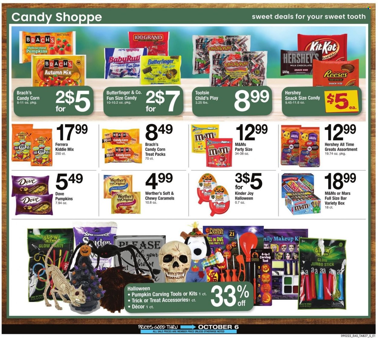 thumbnail - Safeway Flyer - 09/02/2022 - 10/06/2022 - Sales products - corn, pumpkin, Reese's, Hershey's, Dove, milk chocolate, wafers, chocolate, snack, Kinder Joy, Mars, KitKat, M&M's, peanut butter cups, caramel, honey, pencil, Halloween. Page 27.
