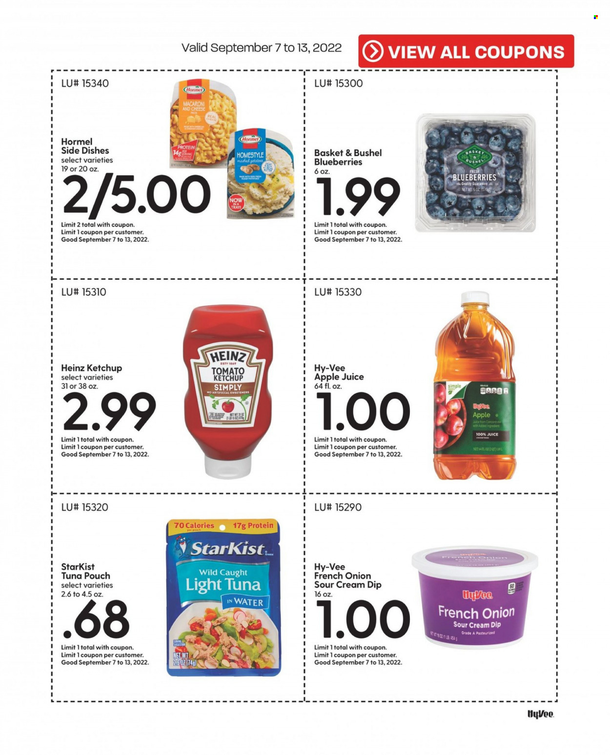 thumbnail - Hy-Vee Flyer - 09/01/2022 - 09/30/2022 - Sales products - onion, blueberries, tuna, StarKist, macaroni & cheese, mashed potatoes, Hormel, sour cream, dip, Heinz, light tuna, ketchup, apple juice, juice, basket. Page 5.