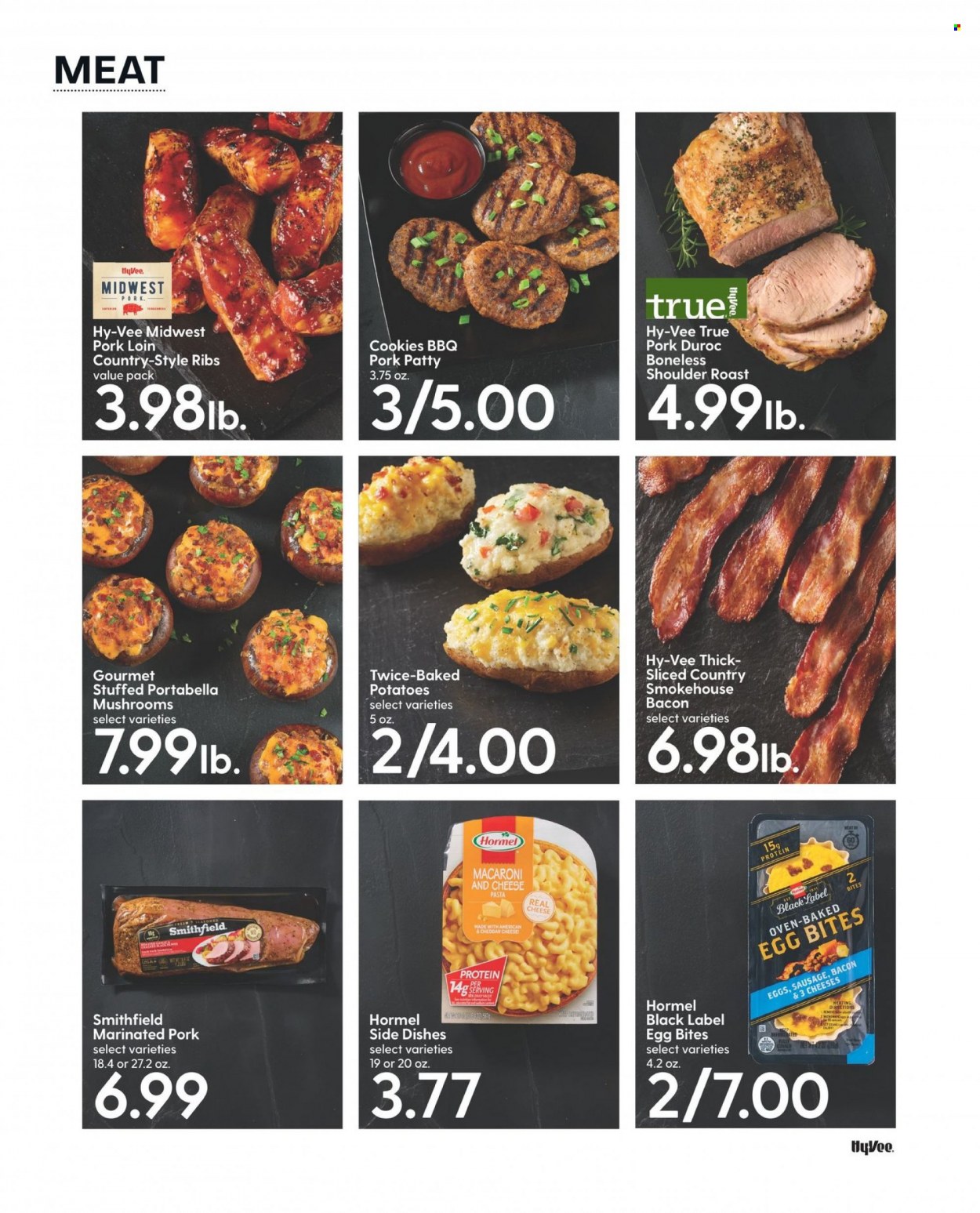 thumbnail - Hy-Vee Flyer - 09/01/2022 - 09/30/2022 - Sales products - mushrooms, macaroni & cheese, pasta, baked potatoes, Hormel, bacon, sausage, eggs, cookies, pork loin, pork meat, pork ribs, marinated pork, country style ribs. Page 30.