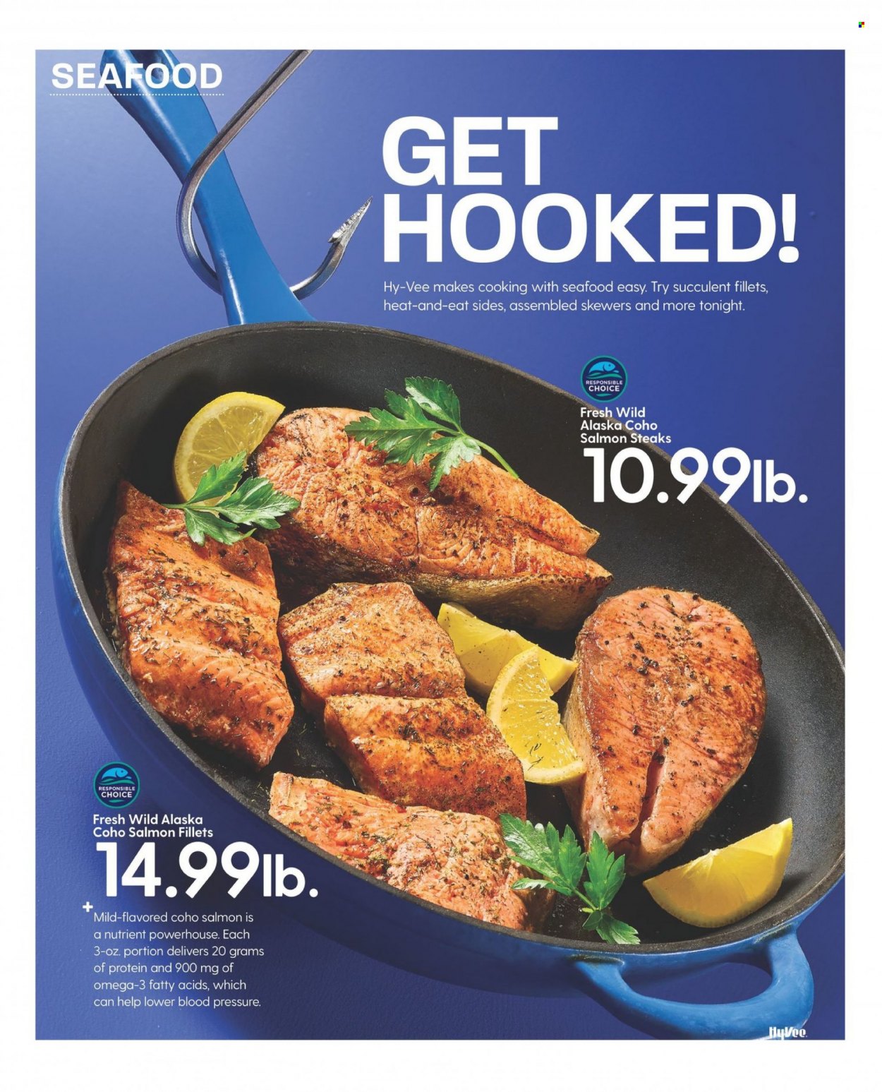 thumbnail - Hy-Vee Flyer - 09/01/2022 - 09/30/2022 - Sales products - salmon, salmon fillet, seafood, steak, succulent. Page 34.