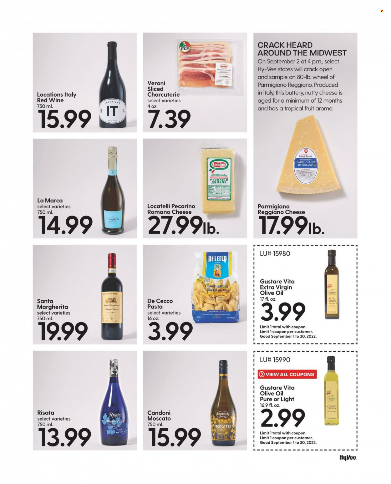 thumbnail - Hy-Vee Flyer - 09/01/2022 - 09/30/2022 - Sales products - pasta, Pecorino, cheese, Parmigiano Reggiano, Santa, extra virgin olive oil, olive oil, oil, red wine, wine, Moscato. Page 37.
