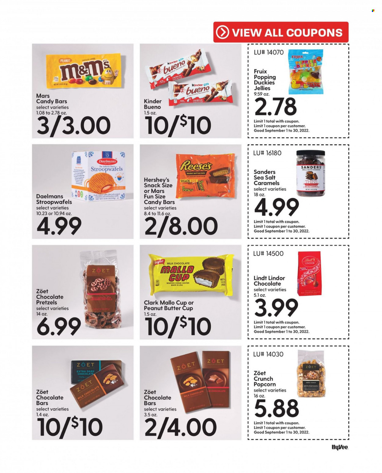 thumbnail - Hy-Vee Flyer - 09/01/2022 - 09/30/2022 - Sales products - pretzels, Reese's, Hershey's, milk chocolate, snack, Lindt, Lindor, Mars, toffee, M&M's, Kinder Bueno, dark chocolate, peanut butter cups, chocolate candies, chocolate bar, Thins, popcorn, caramel. Page 51.