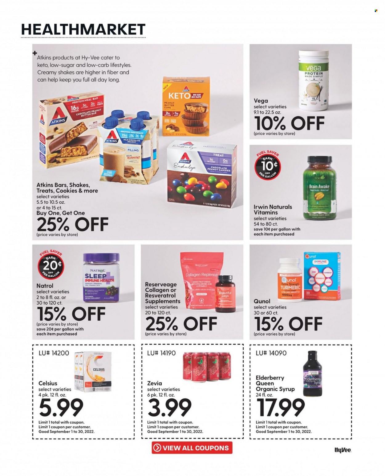 thumbnail - Hy-Vee Flyer - 09/01/2022 - 09/30/2022 - Sales products - shake, cookies, milk chocolate, chocolate, chewing gum, peanut butter cups, turmeric, syrup, Natrol, Qunol, vitamin c, zinc, dietary supplement. Page 62.