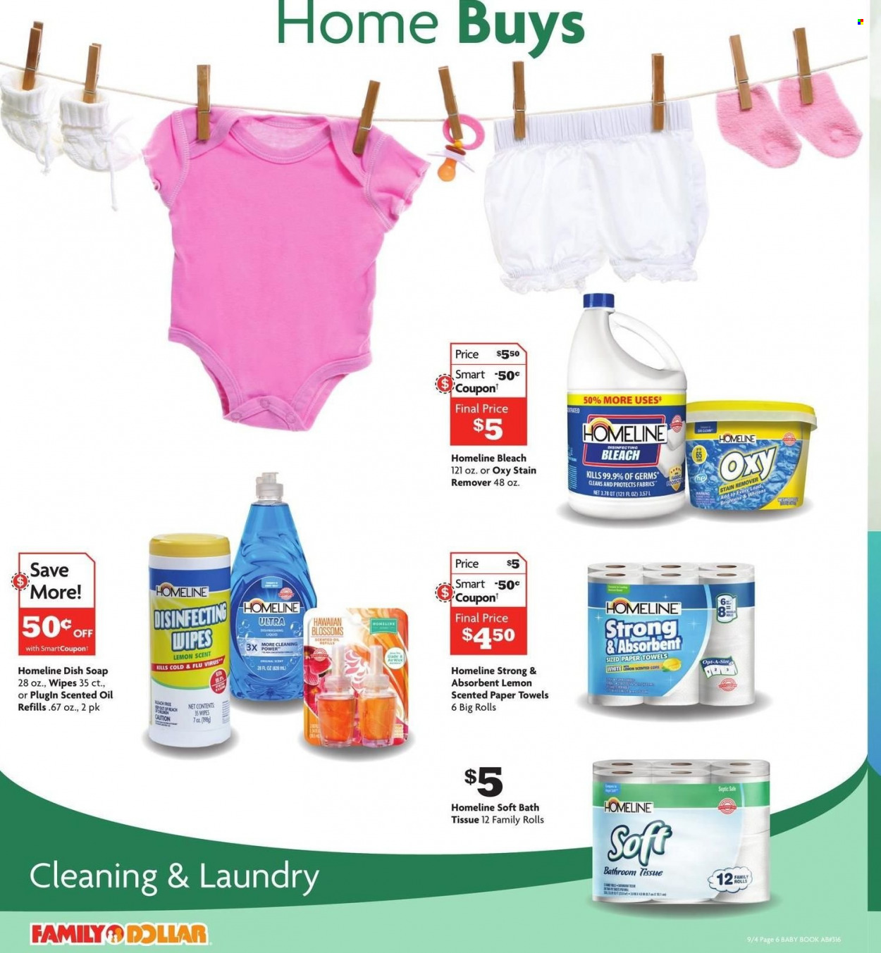 thumbnail - Family Dollar Flyer - 09/04/2022 - 10/01/2022 - Sales products - oil, wipes, bath tissue, kitchen towels, paper towels, bleach, stain remover, soap, Glade, scented oil, book, Cold & Flu. Page 7.