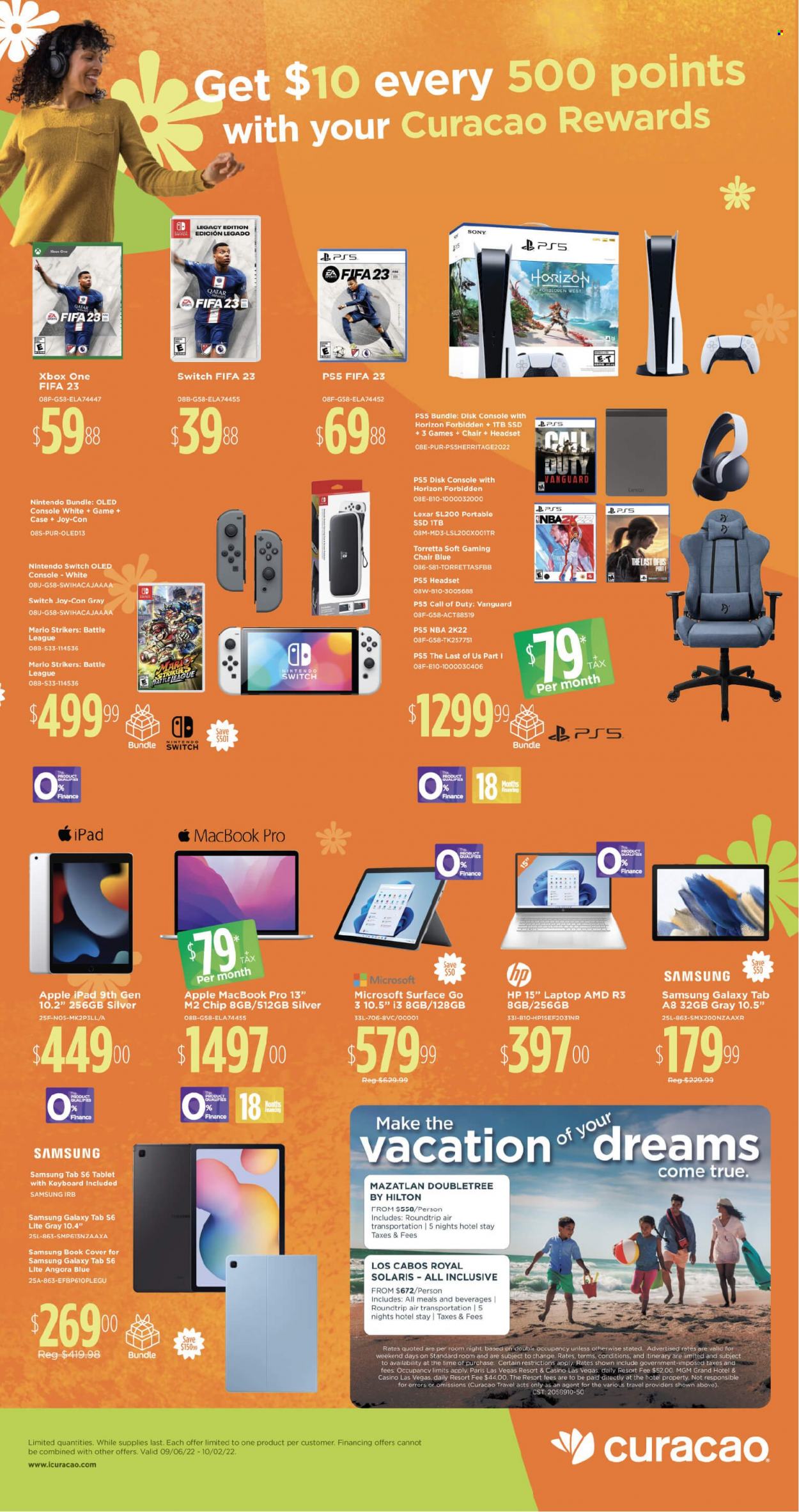 thumbnail - Curacao Flyer - 09/06/2022 - 10/02/2022 - Sales products - Sony, Nintendo Switch, Apple, tablet, Hewlett Packard, iPad, Samsung Galaxy, Samsung Galaxy Tab, Samsung, laptop, keyboard, Xbox One, PlayStation, Xbox, PlayStation 5, headset, chair. Page 8.