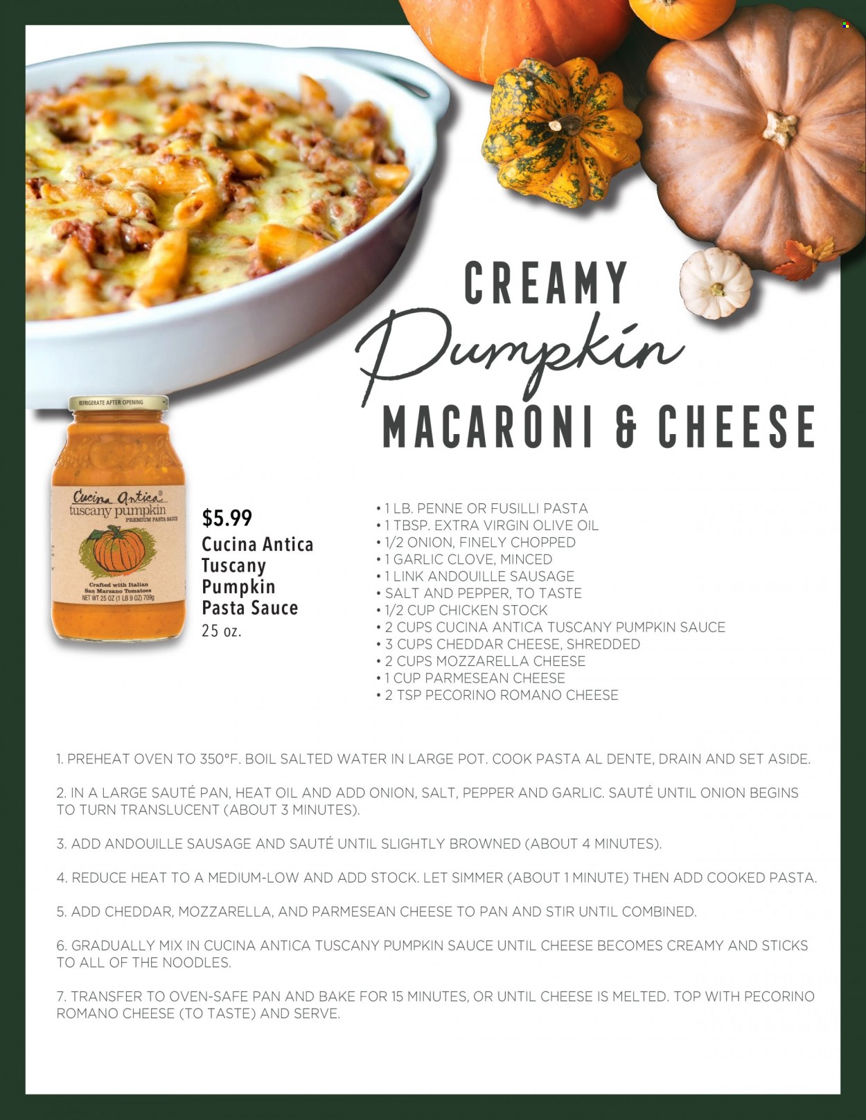 thumbnail - United Supermarkets Flyer - 09/07/2022 - 10/04/2022 - Sales products - garlic, pumpkin, onion, macaroni & cheese, pasta sauce, sauce, noodles, sausage, mozzarella, Pecorino, penne, pepper, cloves, extra virgin olive oil, olive oil, pot, pan. Page 4.