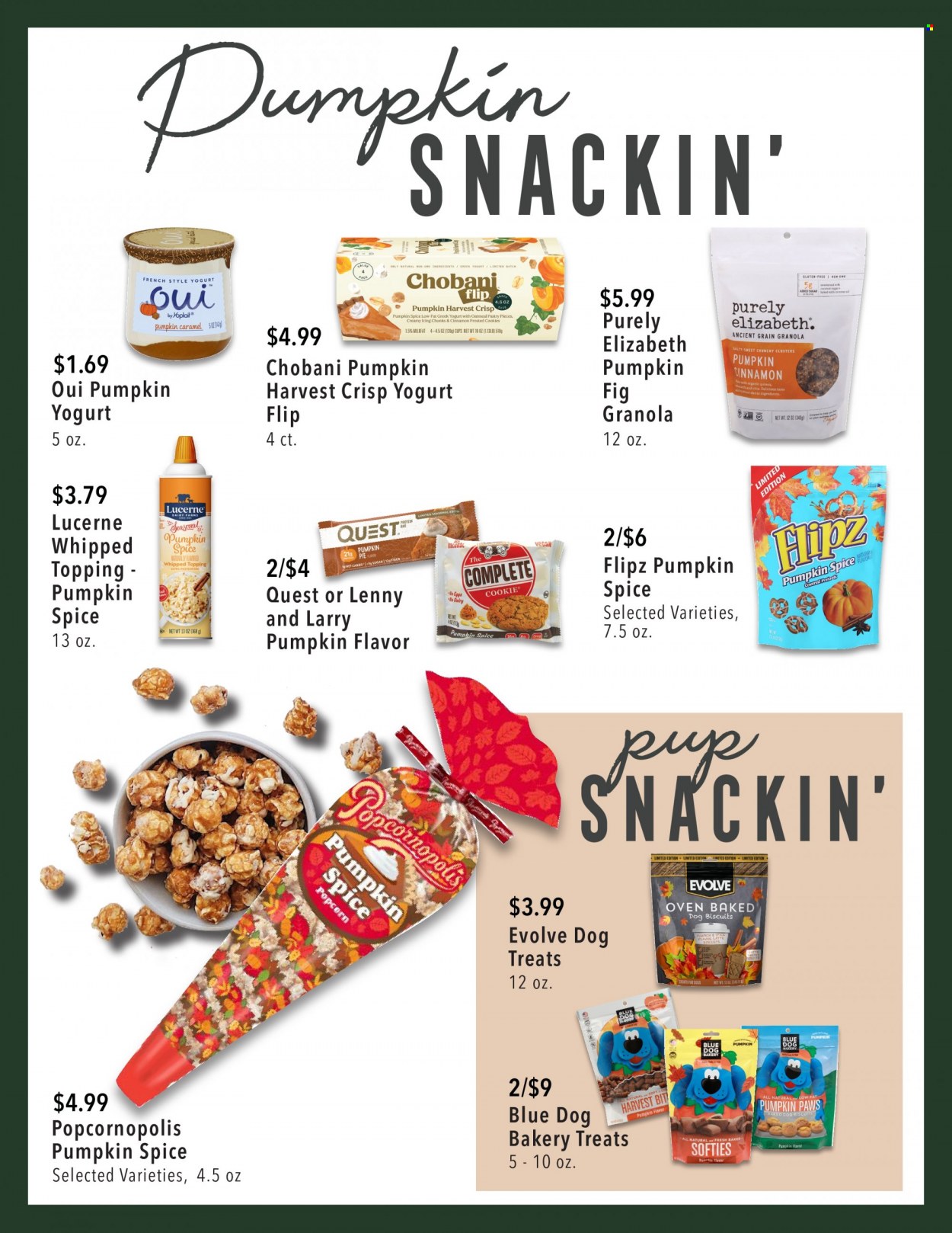 thumbnail - United Supermarkets Flyer - 09/07/2022 - 10/04/2022 - Sales products - greek yoghurt, yoghurt, Yoplait, Chobani, eggs, cookies, snack, popcorn, oatmeal, topping, granola, quinoa, spice, cinnamon, caramel, cup, animal treats, dog food, dog biscuits. Page 6.
