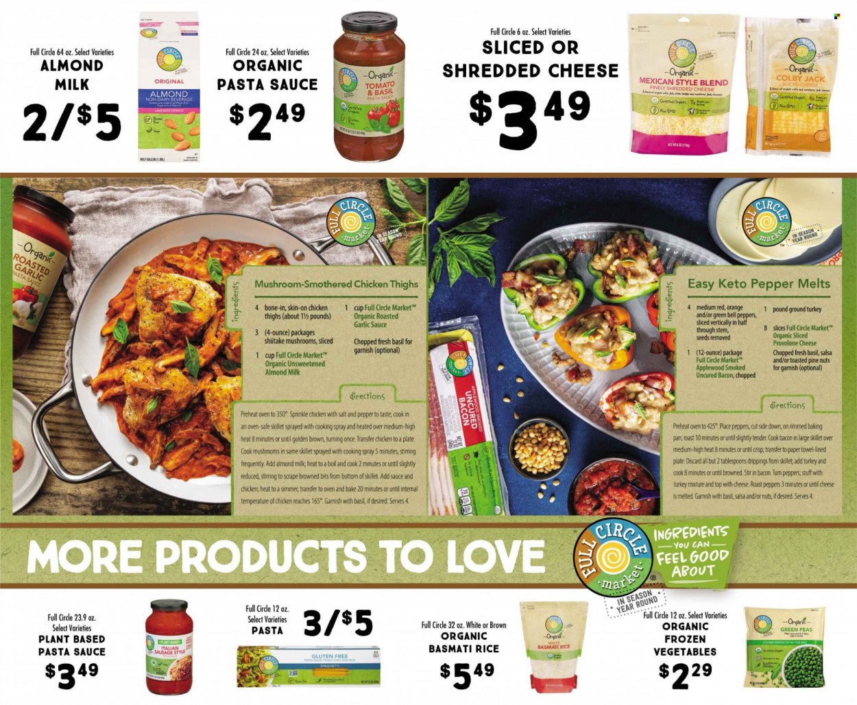 thumbnail - Fresh Market Flyer - 09/07/2022 - 10/04/2022 - Sales products - oranges, spaghetti, pasta sauce, bacon, sausage, italian sausage, Colby cheese, shredded cheese, sliced cheese, Provolone, almond milk, milk, frozen vegetables, basmati rice, rice, pepper, salsa, garlic sauce, ground turkey, chicken thighs, paper towels, bag, pan. Page 2.