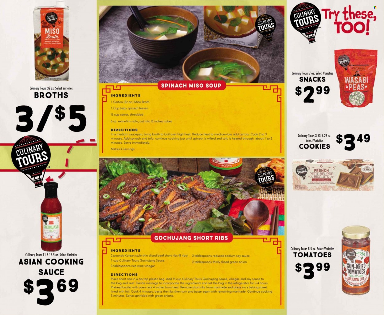 thumbnail - Fresh Market Flyer - 09/07/2022 - 10/04/2022 - Sales products - soup, tofu, cookies, milk chocolate, chocolate, snack, biscuit, broth, wasabi, miso, soy sauce, marinade, extra virgin olive oil, vinegar, wine vinegar, beef ribs, saucepan. Page 3.