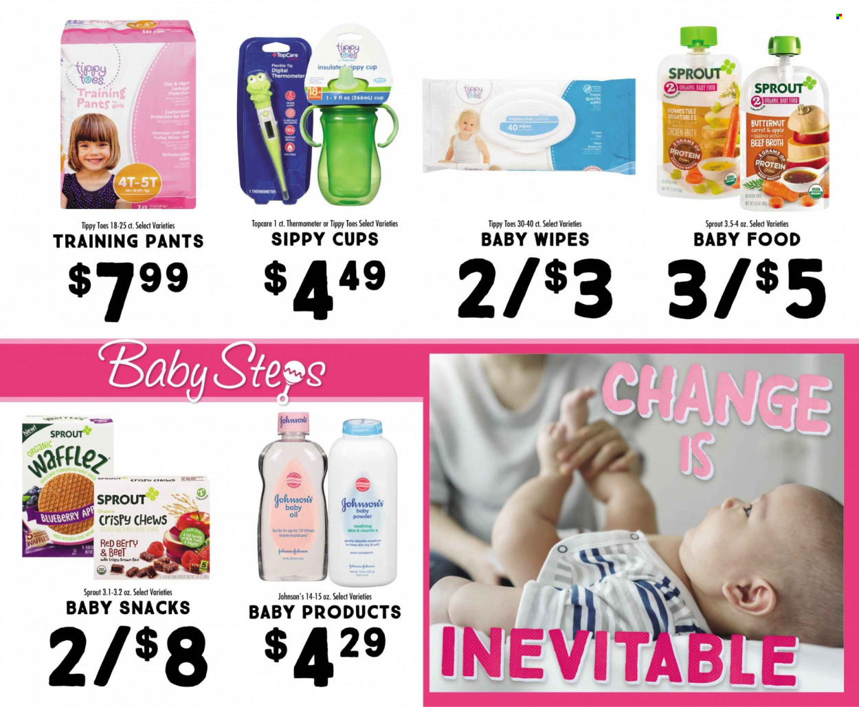 thumbnail - Fresh Market Flyer - 09/07/2022 - 10/04/2022 - Sales products - waffles, snack, crispy chews, beef broth, chicken broth, broth, brown rice, oil, organic baby food, wipes, pants, baby wipes, Johnson's, baby pants, fragrance, thermometer, cup, butternut squash. Page 8.