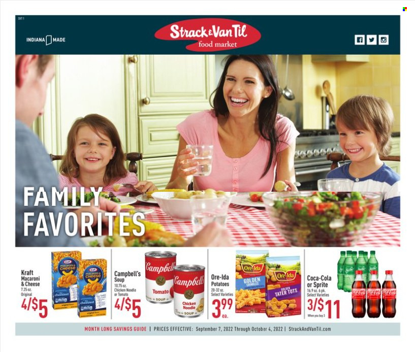 thumbnail - Strack & Van Til Flyer - 09/07/2022 - 10/04/2022 - Sales products - potatoes, Campbell's, macaroni & cheese, tomato soup, soup, noodles cup, noodles, Kraft®, Ore-Ida, tater tots, Coca-Cola, Sprite. Page 1.