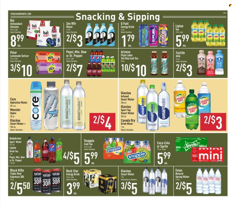 thumbnail - Strack & Van Til Flyer - 09/07/2022 - 10/04/2022 - Sales products - milk, pepper, Canada Dry, Coca-Cola, ginger ale, lemonade, Mountain Dew, Sprite, Pepsi, energy drink, Monster, Lipton, ice tea, Dr. Pepper, AriZona, Snapple, Bai, seltzer water, spring water, Smartwater, Evian. Page 3.