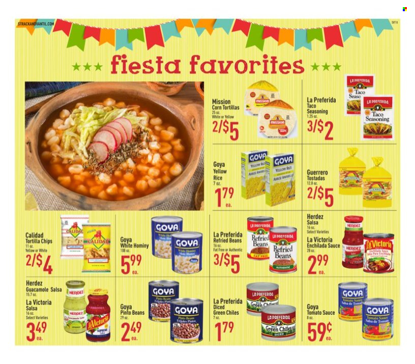 thumbnail - Strack & Van Til Flyer - 09/07/2022 - 10/04/2022 - Sales products - corn tortillas, tostadas, beans, sauce, guacamole, tortilla chips, chips, enchilada sauce, refried beans, tomato sauce, pinto beans, Goya, rice, spice, salsa. Page 8.