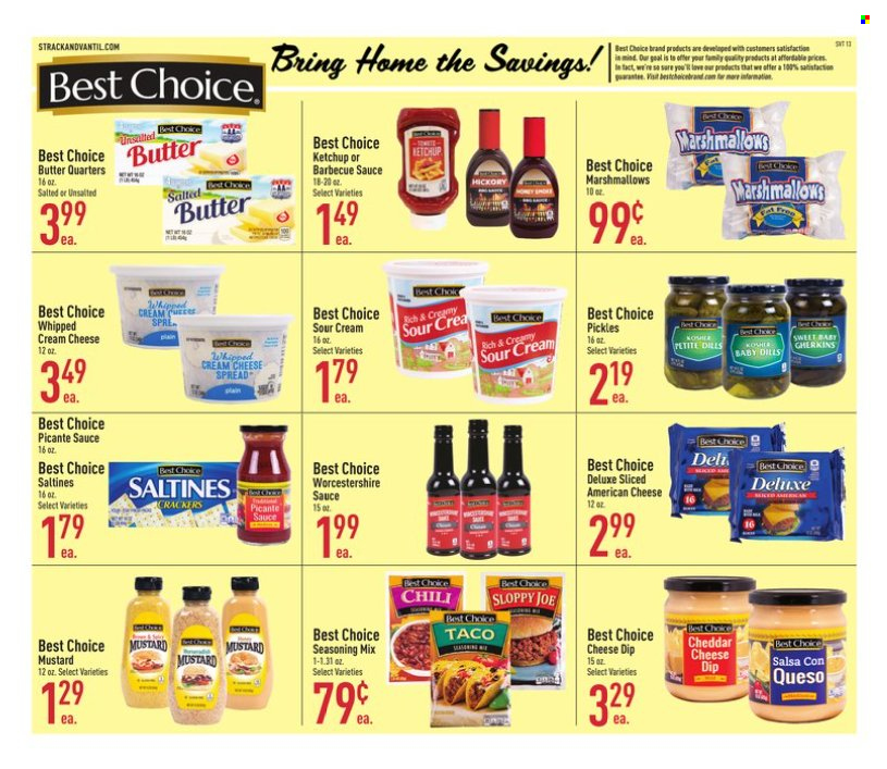 thumbnail - Strack & Van Til Flyer - 09/07/2022 - 10/04/2022 - Sales products - sauce, cheese spread, american cheese, cream cheese, cheddar, butter, salted butter, sour cream, whipped cream, dip, marshmallows, crackers, saltines, pickles, spice, BBQ sauce, mustard, worcestershire sauce, ketchup, salsa, Sure. Page 13.