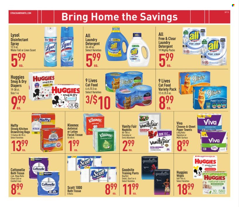 thumbnail - Strack & Van Til Flyer - 09/07/2022 - 10/04/2022 - Sales products - olives, wipes, Huggies, pants, napkins, nappies, baby pants, bath tissue, Cottonelle, Kleenex, Scott, kitchen towels, paper towels, detergent, desinfection, Lysol, laundry detergent, body lotion, antibacterial spray. Page 15.