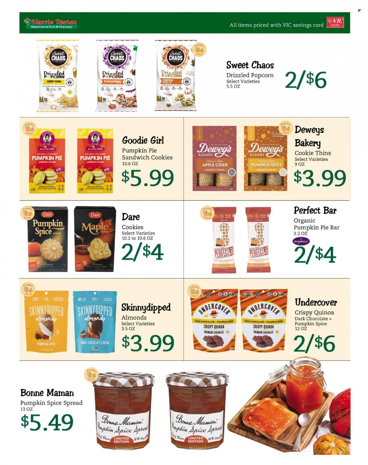 thumbnail - Harris Teeter Flyer - 09/07/2022 - 10/04/2022 - Sales products - corn, sandwich, cookies, sandwich cookies, chocolate, dark chocolate, Thins, popcorn, cocoa, Harris, quinoa, spice, almonds, apple cider, cider. Page 8.