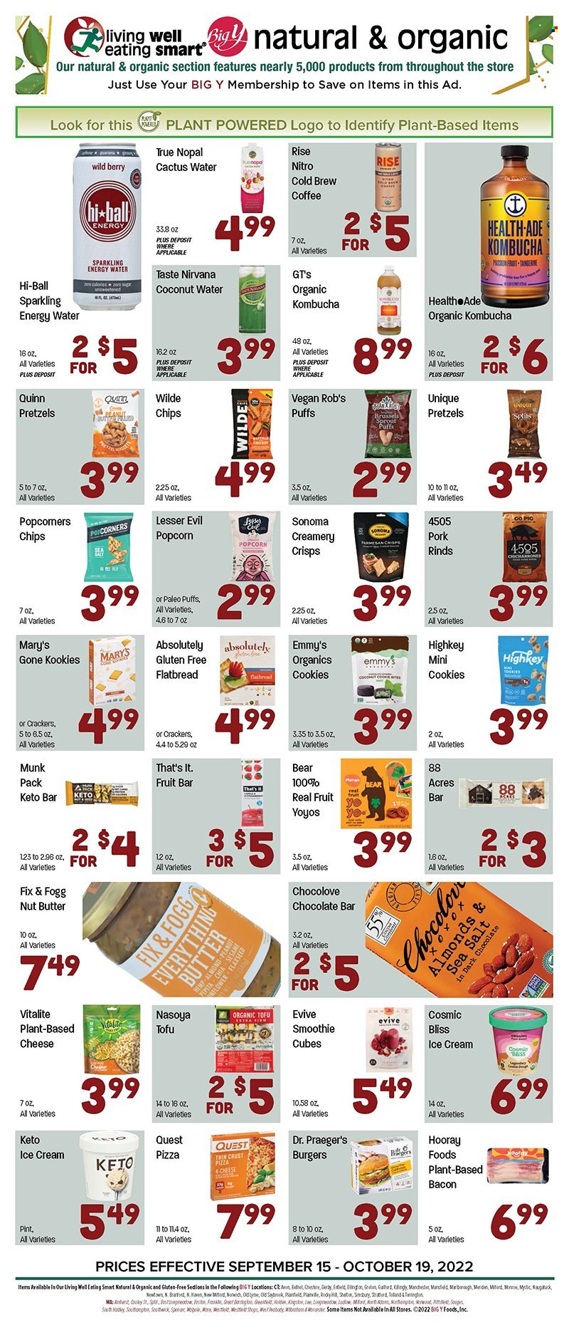 thumbnail - Big Y Flyer - 09/15/2022 - 10/19/2022 - Sales products - pretzels, puffs, mandarines, passion fruit, pizza, hamburger, plant based product, parmesan, tofu, ice cream, Enlightened lce Cream, fruit bar, crackers, chocolate bar, popcorn, salty snack, crisps, nut butter, almonds, coconut water, smoothie, iced coffee, kombucha, coffee drink, Avon. Page 1.