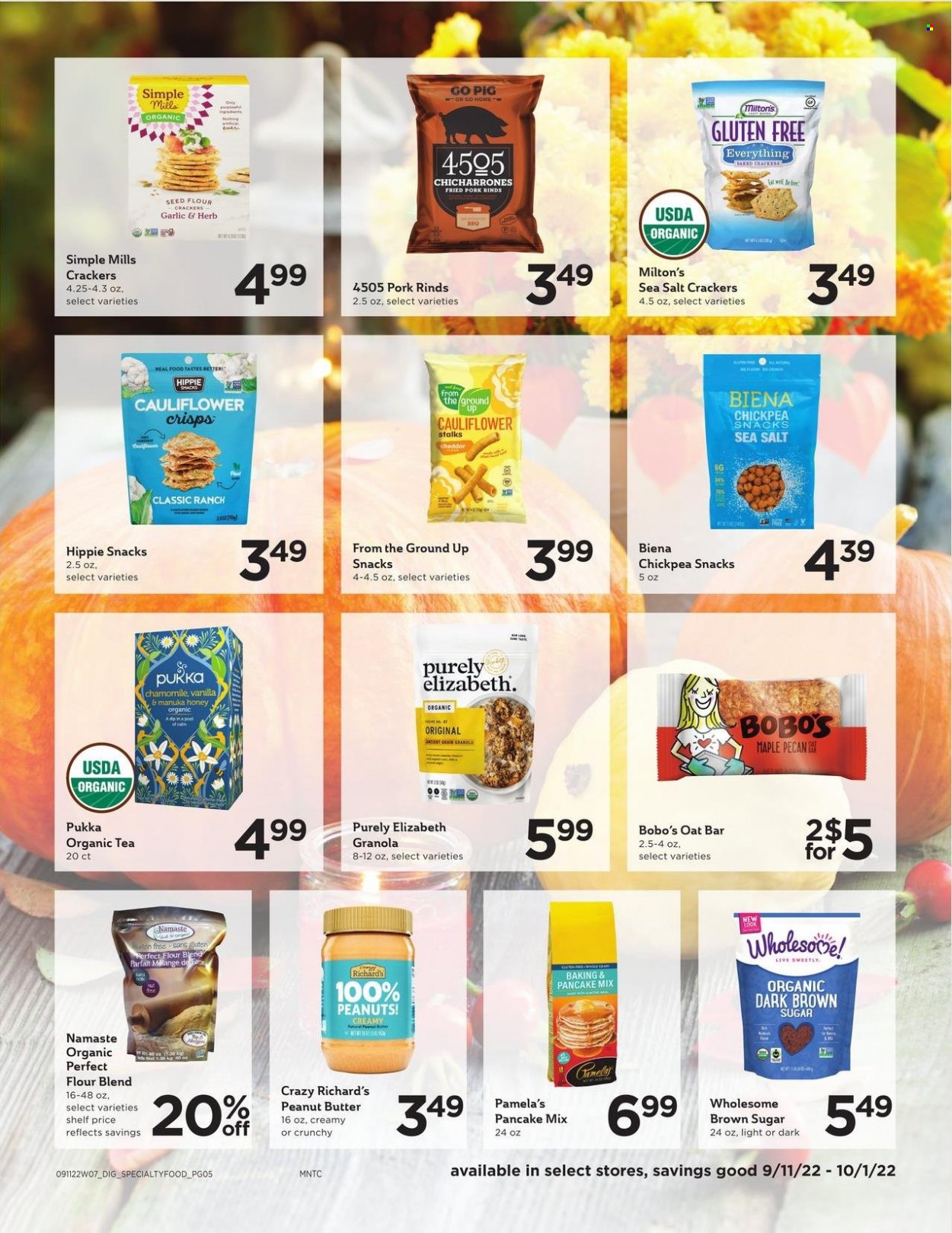 thumbnail - Cub Foods Flyer - 09/11/2022 - 10/01/2022 - Sales products - pancakes, cheese, snack, crackers, cane sugar, flour, oats, granola, peanut butter, Manuka Honey, peanuts, tea. Page 5.