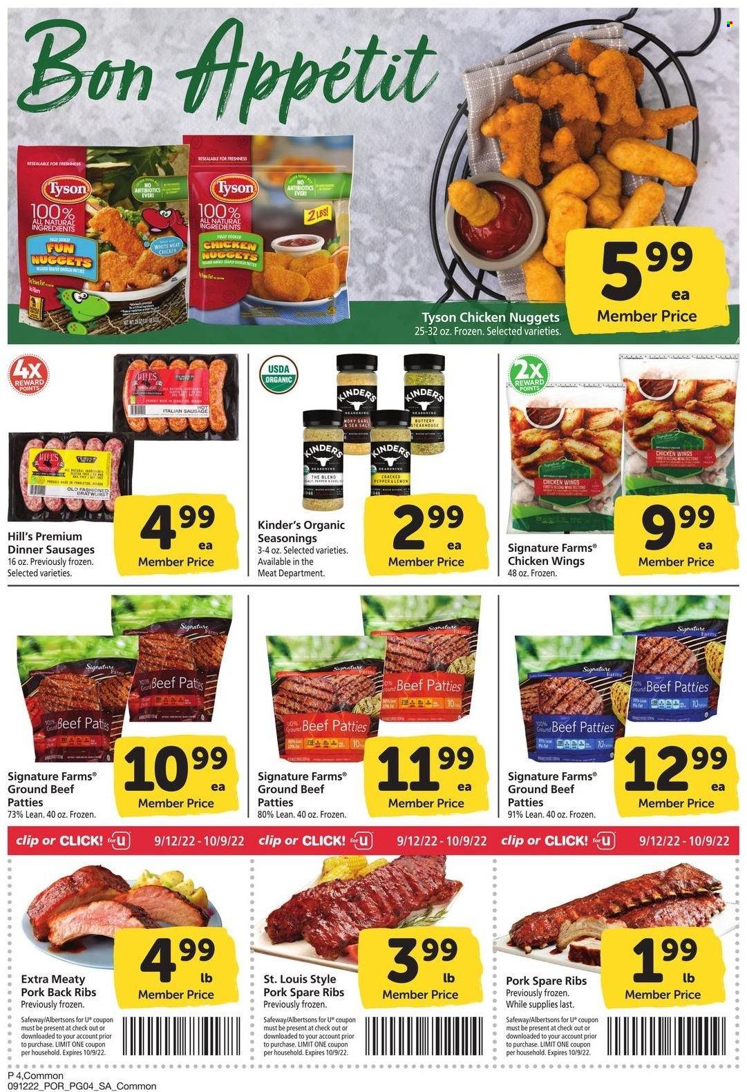 thumbnail - Safeway Flyer - 09/12/2022 - 10/09/2022 - Sales products - chicken wings, beef meat, ground beef, pork meat, pork ribs, pork spare ribs, pork back ribs, nuggets, chicken nuggets, sausage, italian sausage, Hill's. Page 4.