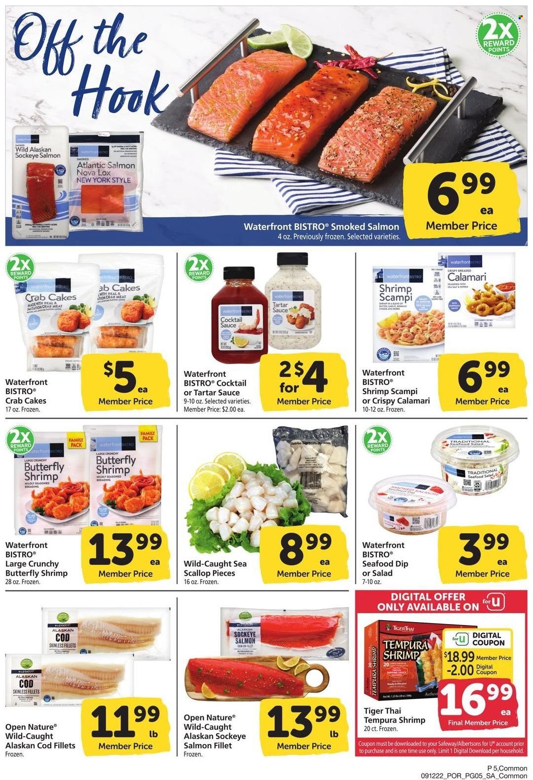 thumbnail - Safeway Flyer - 09/12/2022 - 10/09/2022 - Sales products - calamari, cod, crab meat, salmon, salmon fillet, scallops, smoked salmon, seafood, shrimps, crab cake, tartar sauce, dip, cocktail sauce, hook. Page 5.